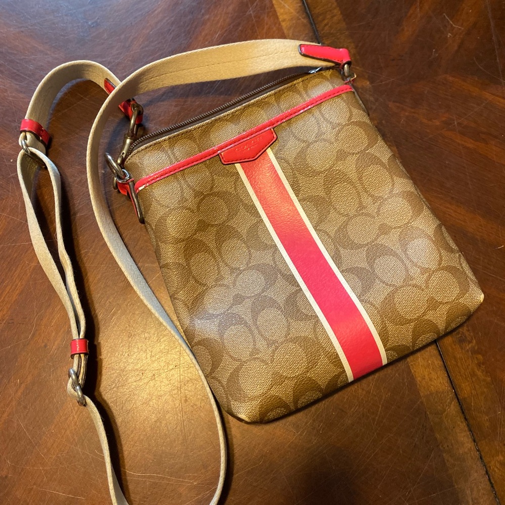 Coach Brown Signature Crossbody with Pink Center Stripe